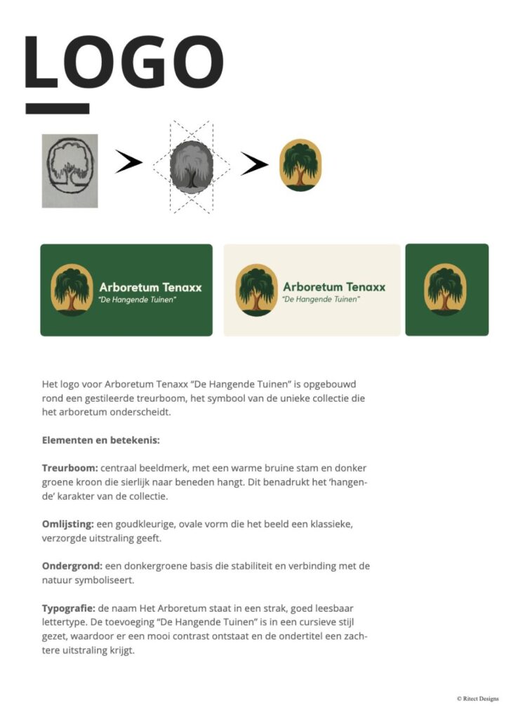 Logopagina uit het brand book van Arboretum De Hangende Tuinen
