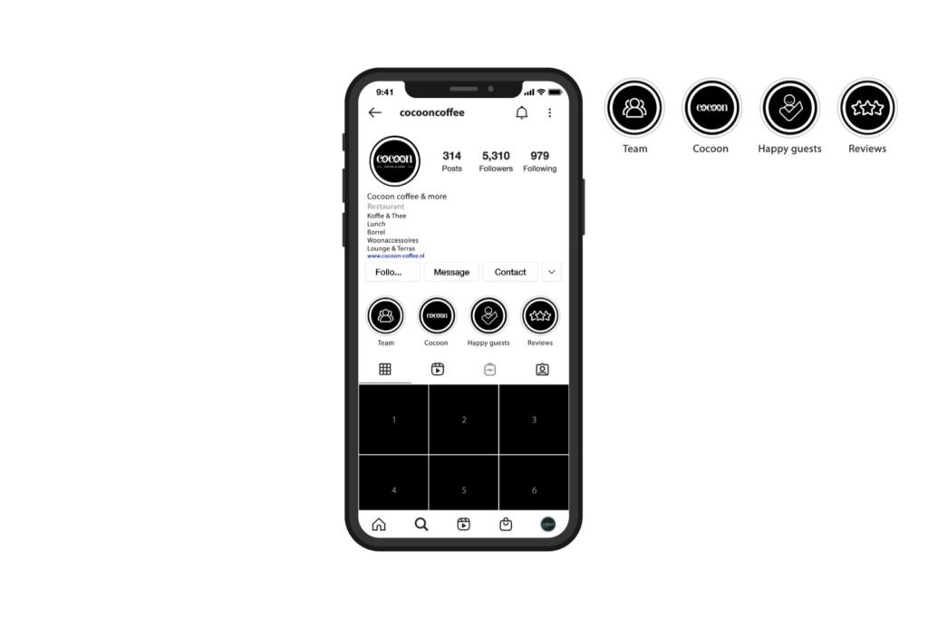 Instagram-profiel van Cocoon met de iconen voor de hoogtepunten