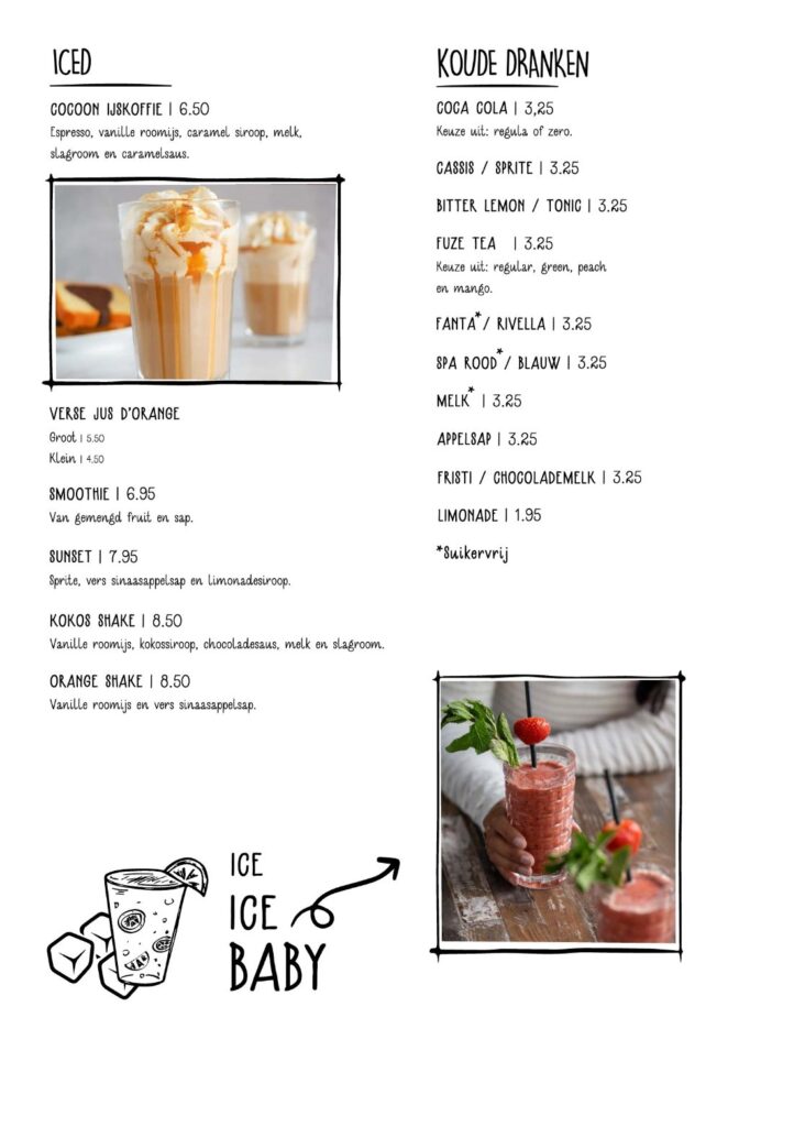 Pagina met ijskoffie en koude dranken van de menukaart van Cocoon