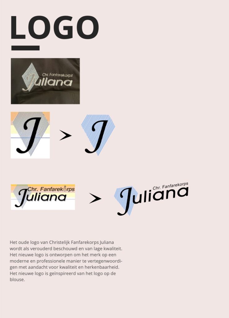 Logopagina uit het brand book van Juliana: van oud naar nieuw logo