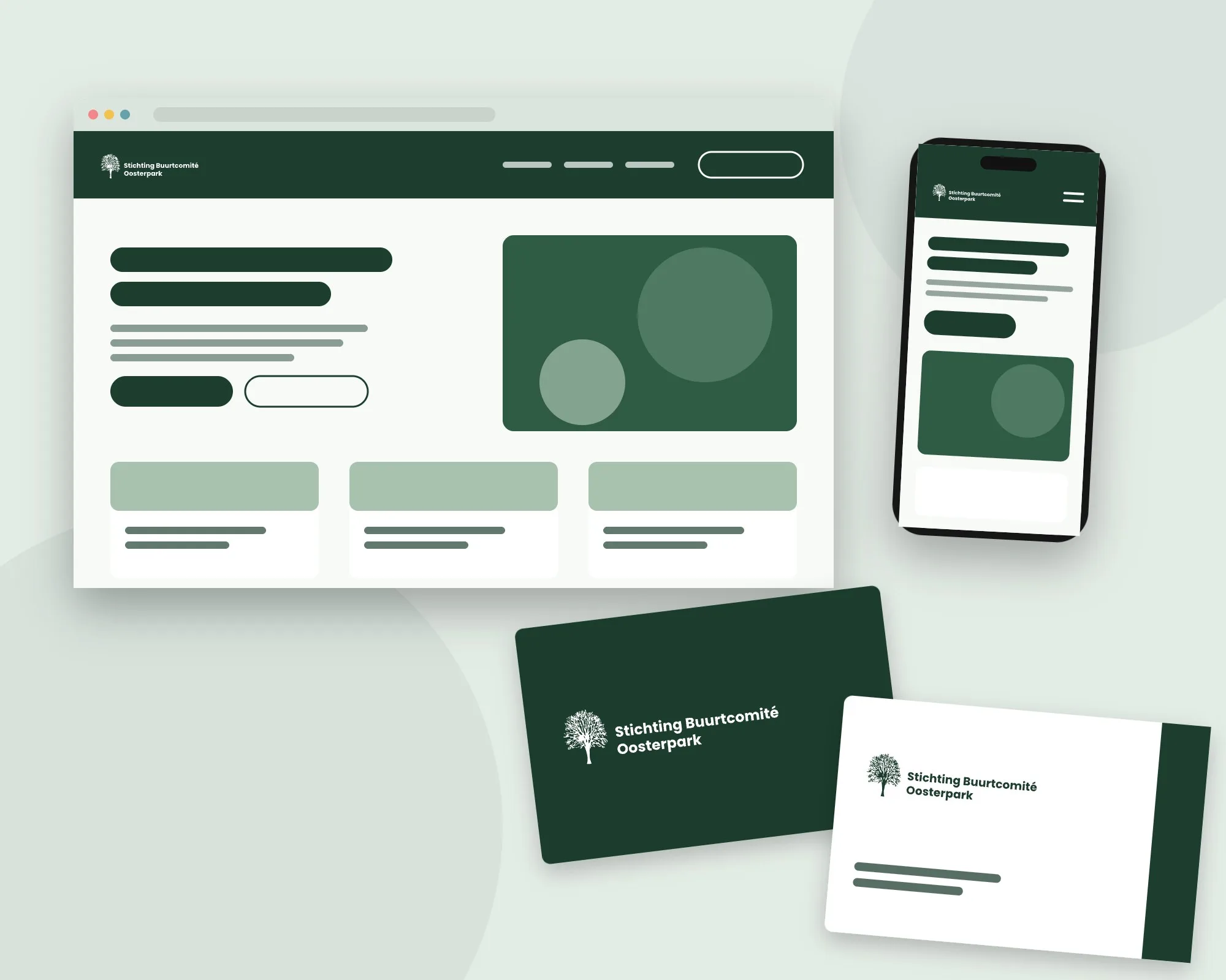 Mockup van de website en visitekaartjes van Stichting Buurtcomité Oosterpark