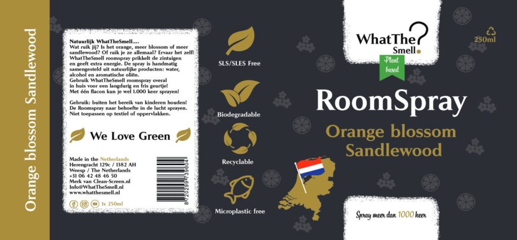 Het volledige etiket van de WhatTheSmell RoomSpray Orange blossom Sandlewood